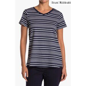 ISAAC MIZRANI NWT V-NECK S/S COTTON VARIED STRIPE CLASSIC NAVY TEE. SIZE S